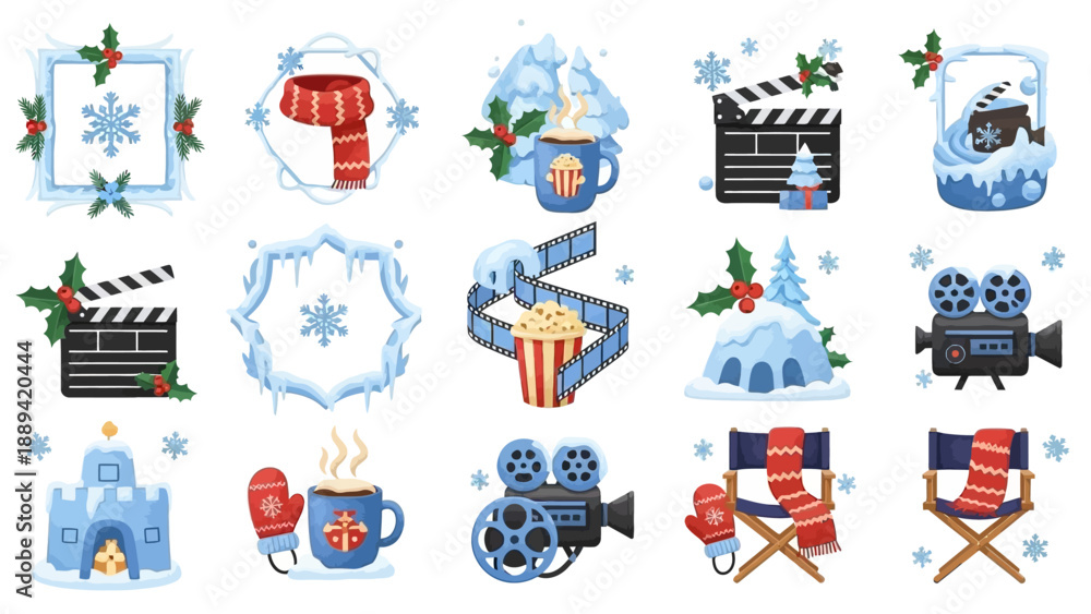 Fototapeta premium Winter Film Festival Celebration with Festive Movie Night Icons