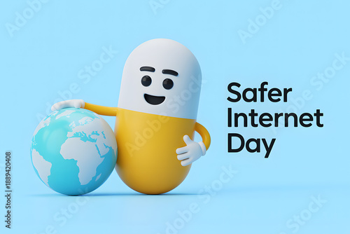 Cartoon character hugging globe for safer internet day