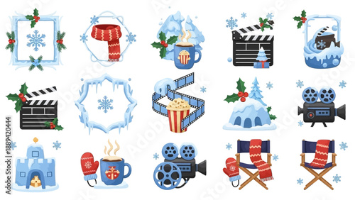 Winter Film Festival Celebration with Festive Movie Night Icons