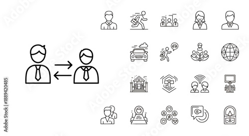 A comprehensive set of line icons illustrating business communication, social interaction, technology, and various human-centric concepts.