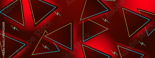 Bold red and black background featuring geometric triangle silhouettes with contrasting cyan glowing outlines and sparks
