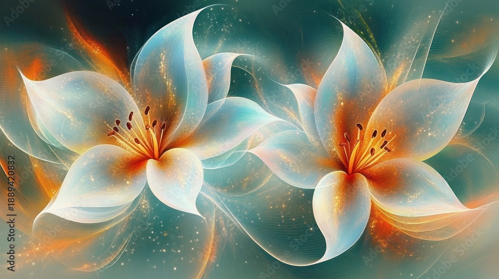 Fototapeta premium Ethereal twin lilies with glowing translucent petals, golden sparkles and flowing ribbon-like shapes in teal and orange tones conveying a serene dreamlike mood