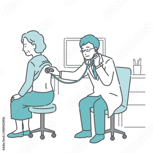 白衣を着用した男性医師による高齢女性の背中の聴診イラスト