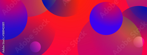 Bold red background featuring deep blue and purple overlapping spheres creating a high contrast geometric design