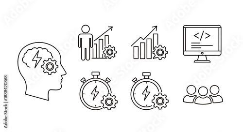 Line art icons representing business growth, technology development, team collaboration, and efficiency in productivity and innovation.