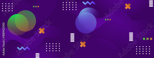 Vibrant purple background featuring playful geometric shapes and line patterns