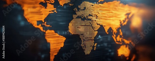 Wallpaper Mural Digital illuminated map of the world in glowing orange dots on a dark background showing continents with a futuristic and technological feel Torontodigital.ca