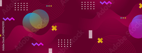 Deep maroon backdrop decorated with colorful geometric patterns and fluid waves