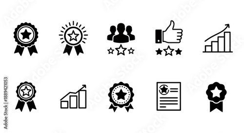 A collection of black and white icons representing quality, success, achievement, feedback, and business growth concepts.