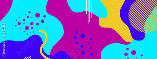 A contemporary abstract design with deep purple and bright cyan fluid shapes accented by striped patterns