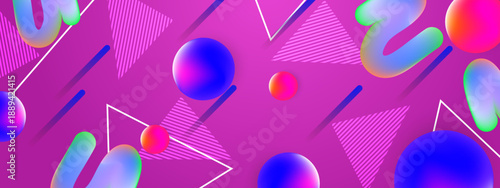 Stylish purple and magenta background with floating 3D spheres and geometric triangle patterns perfect for digital design and social media