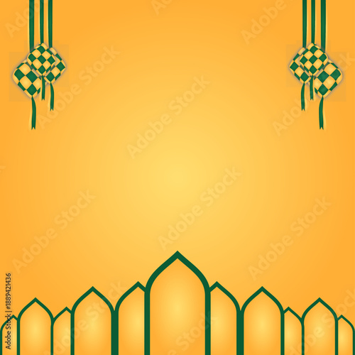 Ramadan Kareem Poster with Mosque and Palm Trees on Right Side, Gold Islamic Background Vector with Text Space