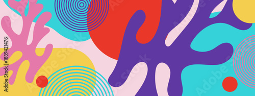 Artistic background with colorful organic shapes and circular lines inspired by minimalist paper cutouts and modern floral aesthetics