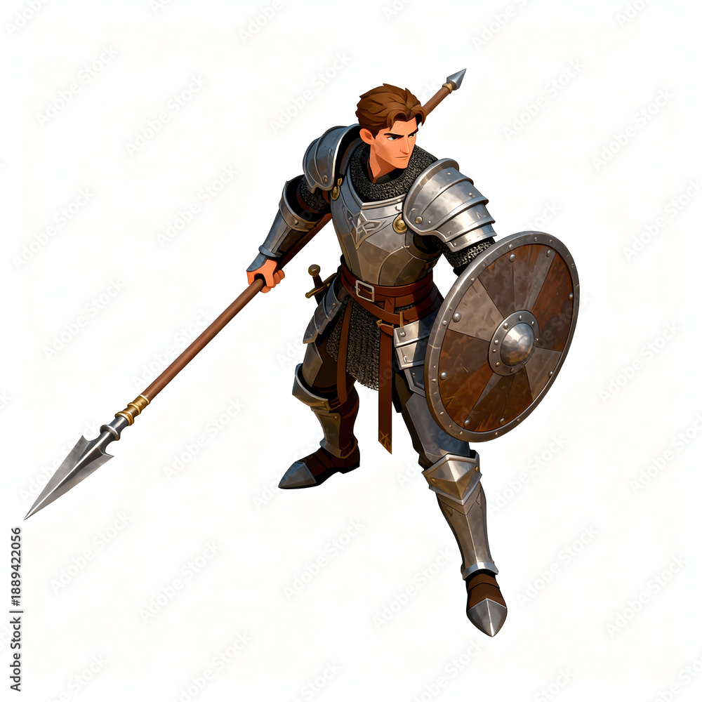 Obraz premium Isometric human spearman unit, medium armor, long spear, round shield, defensive stance, fantasy RTS human faction, top-down isometric view, isolated on white background, game-ready unit