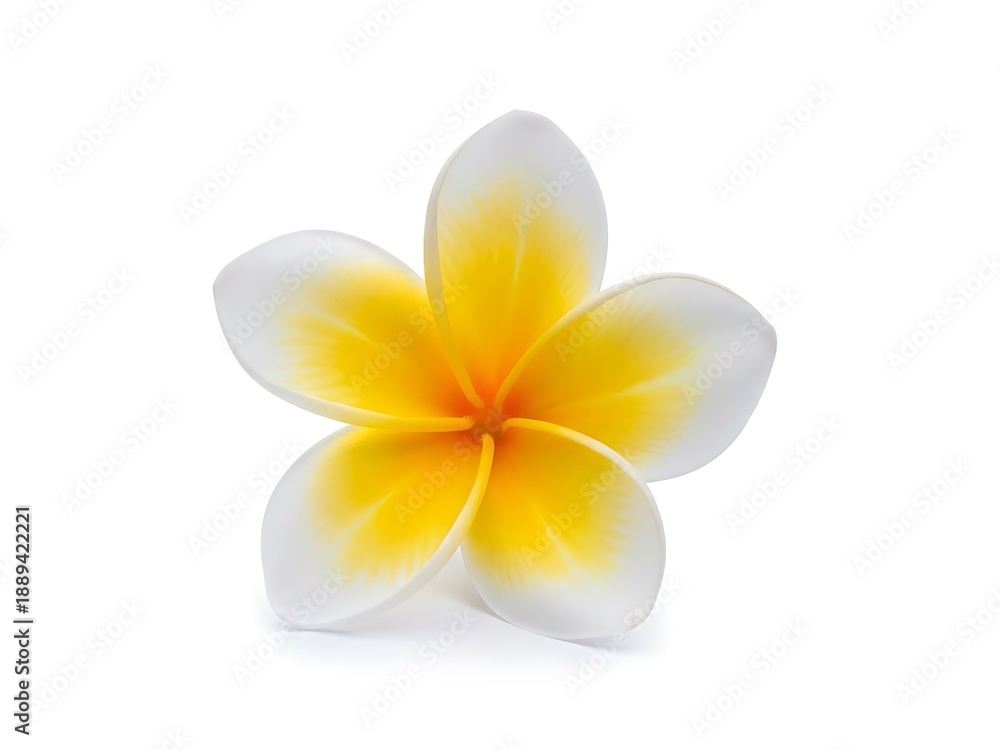 Fototapeta premium A single white and yellow frangipani flower is elegantly displayed against a clean bright white background