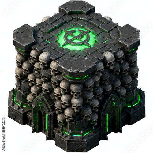 Isometric bone forge,
altar made of bones and rusted metal,
floating green flames,
dark fantasy undead style,
RTS building,
top-down isometric view,
isolated on pure white background