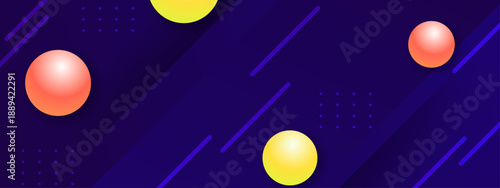 A high quality abstract digital background featuring floating 3D spheres and geometric diagonal lines on a deep blue gradient