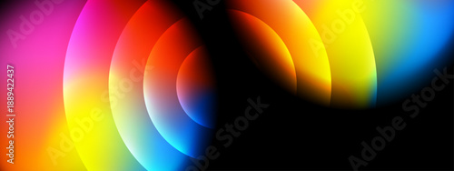 A dark cinematic background featuring bright overlapping colorful circles with soft glow and lens flare effects