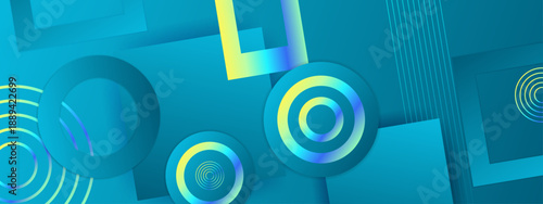 Vibrant teal and cyan background featuring neon shapes and layered geometric elements