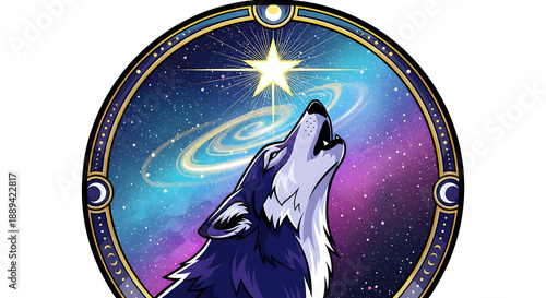 a wild lone wolf howling at a glowing bright star within a mystical celestial shield detailed emblem design.