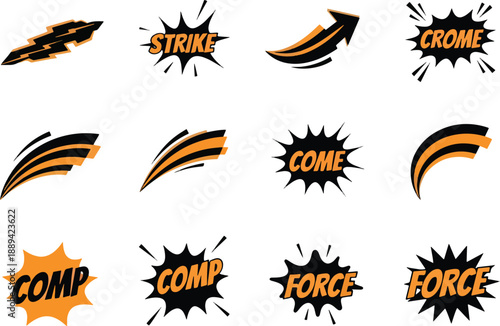 Twelve graphic elements featuring black and orange stylized lightning ribbons and comicstyle words