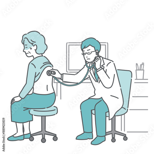 背中の聴診を受ける冷や汗をかいた高齢女性と深刻な表情の白衣の男性医師のイラスト