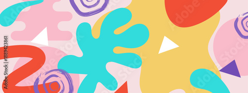 Creative collage of fluid shapes and geometric triangles in a soft multicolored artistic arrangement