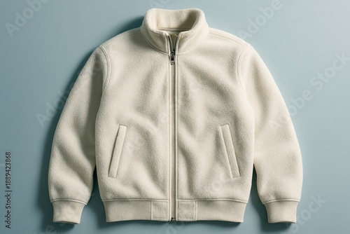 Cream colored fleece jacket on light blue surface