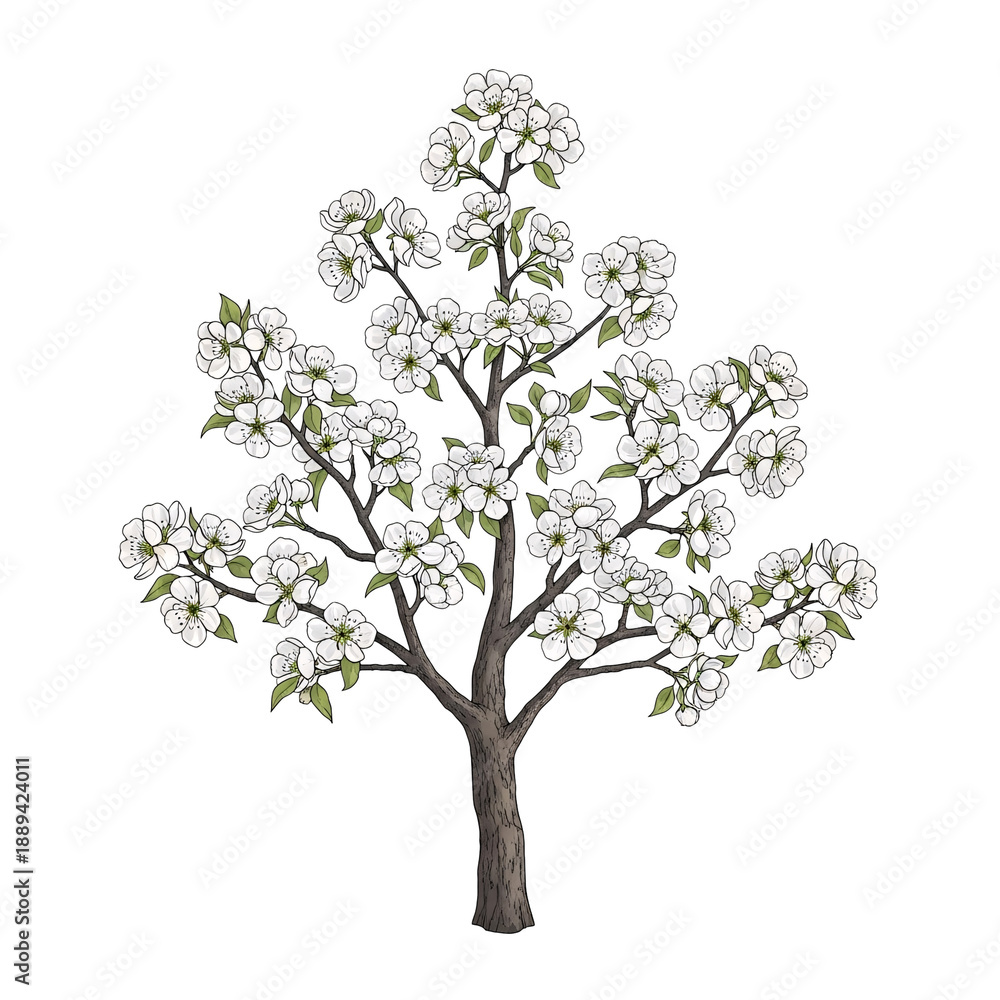 Obraz premium Blossoming tree with white flowers on branches.