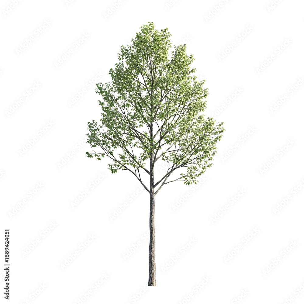 Fototapeta premium Delicate solitary tree with green foliage against white background.