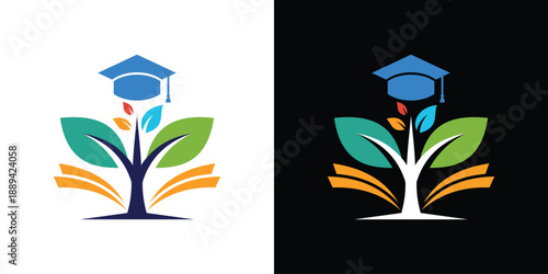 tree logo and graduation hat growth vector illustration