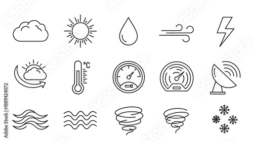 Weather and climate line icons set for meteorology forecasting.