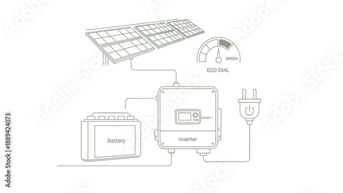 Diagram of a solar power system with battery and inverter
