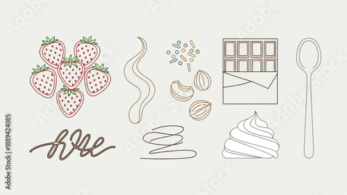 Sweet dessert ingredients and elements for cooking and baking.