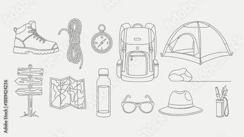 Collection of camping and hiking outline icons on a light background.
