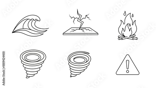 Set of natural disaster and warning line icons including earthquake, fire, wave, and tornado.