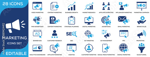 Marketing and digital advertising solid icon set featuring SEO, PPC, content marketing, social media marketing, email marketing, analytics, branding, affiliate marketing, and sales funnel. Clean flat 