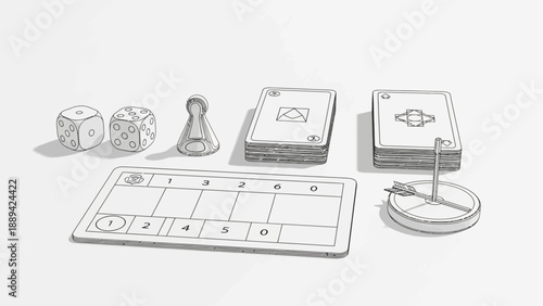 Board game elements: dice, cards, pawn, and target with arrow.