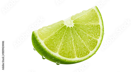 Refreshing Lime Slice with Water Droplets Isolated on Green Background