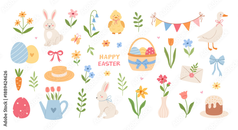 Obraz premium Easter cute set of elements with bunny, chicken, duck, flowers. 