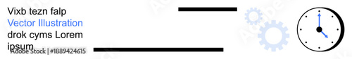 Time tracking, productivity improvement, workflow management, industrial processes, mechanical systems, efficiency. Clock with gear symbols and horizontal lines. Time tracking and productivity