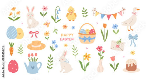 Easter cute set of elements with bunny, chicken, duck, flowers. 