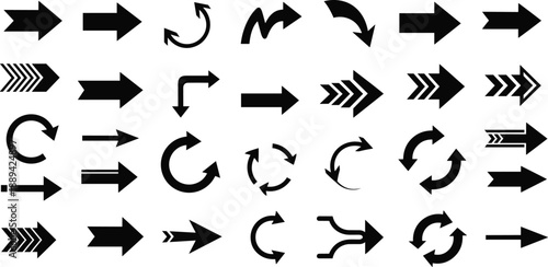 Arrow icons set collection, navigation directions, refresh, reload, curved and straight arrows, minimal black vector symbols pack