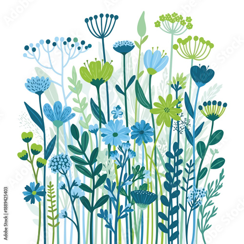 A vibrant collection of stylized wildflowers in shades of blue and green tones