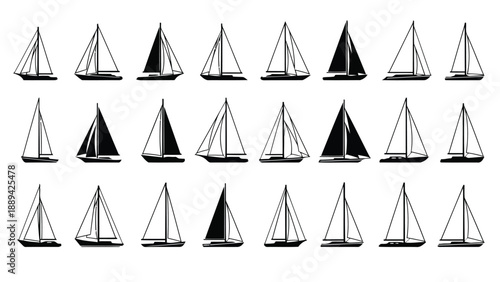 A collection of minimalist black sailboats arranged in neat rows against a white background