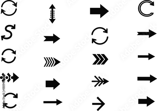 Arrow icons set collection, navigation directions, refresh, reload, forward and backward arrows, minimal black vector symbols