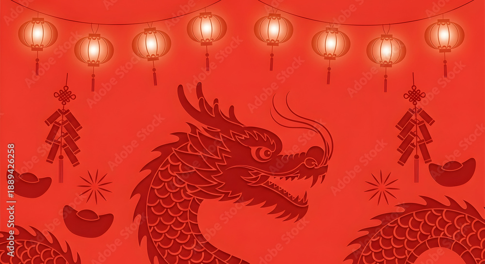 Fototapeta premium Vibrant red Chinese New Year background featuring a majestic dragon, glowing lanterns, firecrackers, and gold ingots, symbolizing prosperity and festive spirit.
