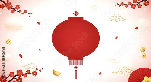 An elegant illustration of a glowing red Chinese lantern, adorned with delicate pink cherry blossoms and traditional cloud motifs, perfect for Lunar New Year and cultural celebrations.