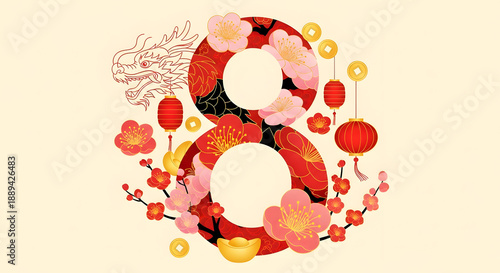A vibrant graphic illustration of the number eight, adorned with traditional Chinese New Year symbols like plum blossoms, lanterns, a dragon, and gold accents, symbolizing prosperity.