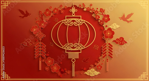 Vibrant Chinese New Year design featuring a traditional golden lantern, plum blossoms, firecrackers, and auspicious clouds in a rich red and gold paper cut style, ideal for festive greetings.